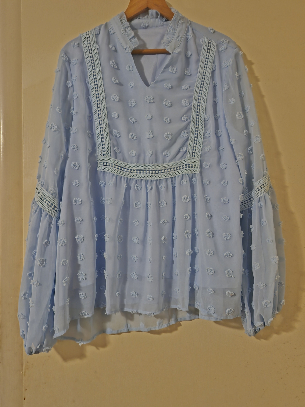 Light Blue Textured Peasant Blouse with Lace Trim - Women